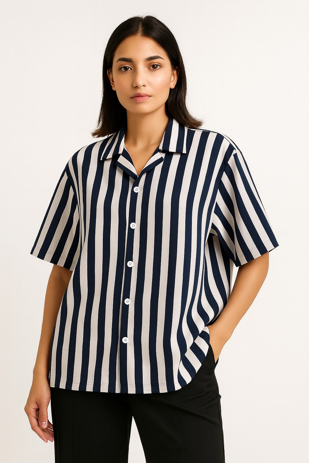 Girls Oversized Boxy Fit Button-Down Strip Shirt